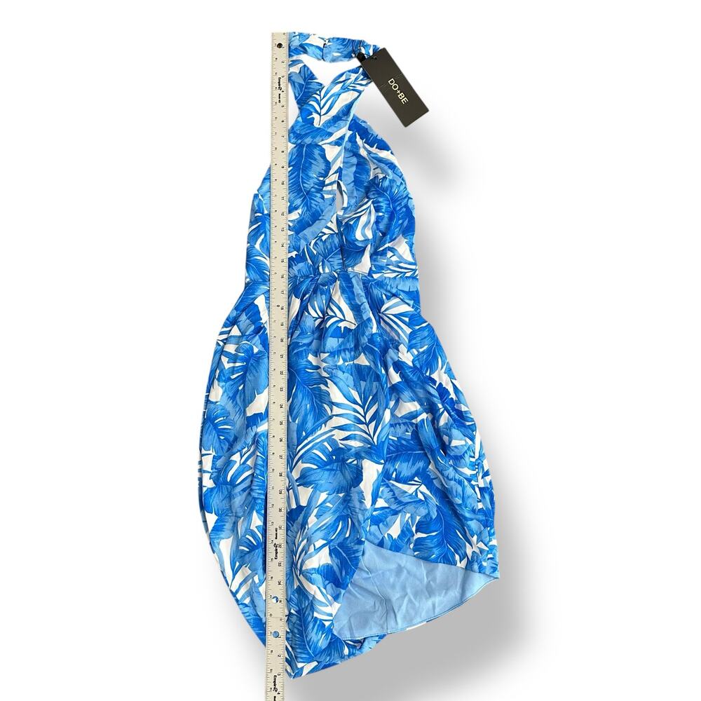 DO+BE NWT Tropical Halter Mini Dress Blue White Leaf Print Back Tie Medium - Picture 4 of 11